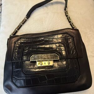 Anya Hindmarch Black Croc-Embossed Leather Shoulder Bag with Gold Hardware